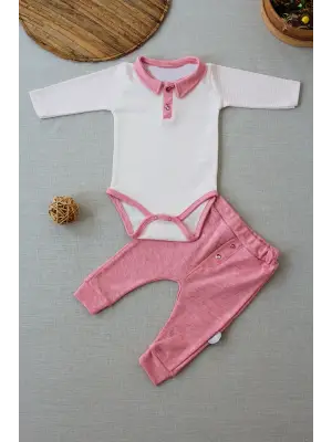 Omarı Melanjlı Uzun Kollu Kız Bebek Takımı Pembe