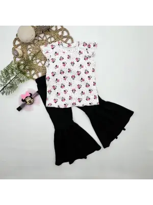 Omarı Mickey Baskılı Bandanalı Siyah Kız Çocuk Takımı