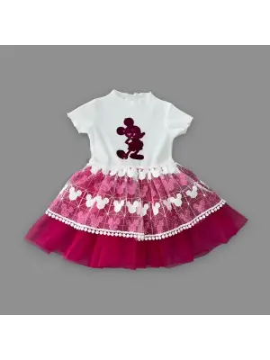 Omarı Mickey Baskılı Payet Detaylı Bebek Elbisesi - Fuşya