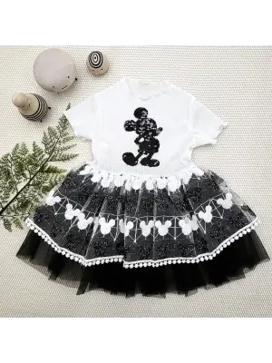 Omarı Mickey Baskılı Payet Detaylı Bebek Elbisesi Siyah