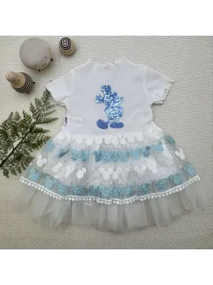 Omarı Mickey Baskılı Payet Detaylı Bebek Elbisesi Turkuaz