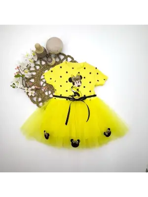 Omarı Mickey Baskılı Puantiyeli Bebek Tütü Elbisesi - Sarı