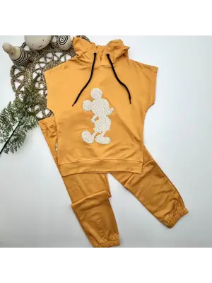 Omarı Mickey Desenli Kapşonlu Çocuk Takımı - Sarı Renkli