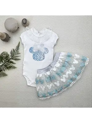 Omarı Mickey Nakışlı Kısa Kollu Etekli 2li Kız Bebek Takımı - Turkuaz