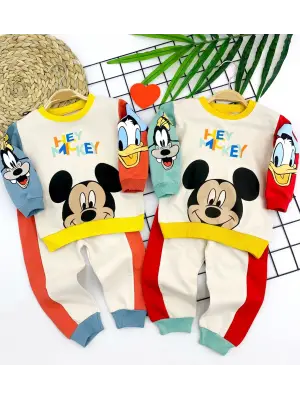 Omarı Mickey ve Arkadaşları Desenli Yenidoğan Bebek Sweat Takımı Yeşil
