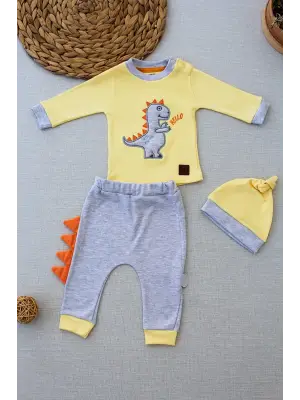 Omarı Minik Dino Nakışlı Uzun Kollu Bebek Takımı Sarı