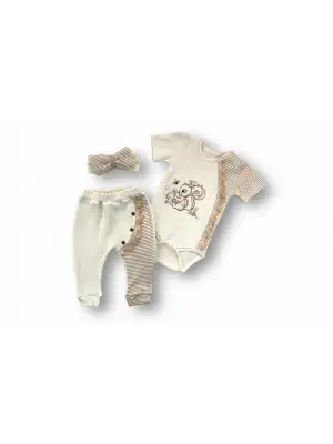 Omarı Minik Sincap Nakışlı Kız Bebek Takımı Kahverengi