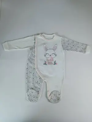 Omarı Minik Tavşan Nakışlı Bebek Tulumu Ekru