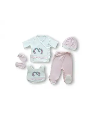 Omarı Nakışlı 5 Parça Zıbın Takımı - Pembe