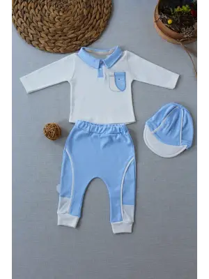 Omarı Nakışlı Cep Şapkalı Erkek Bebek Sweat 3lü Takım Mavi