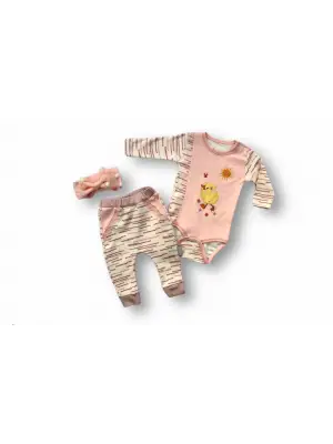 Omarı Nakışlı Şapkalı Uzun Kollu Bebek Takımı Pembe