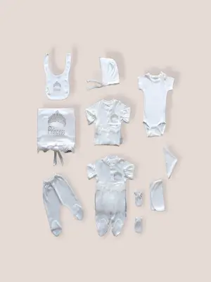 Omarı Nakışlı Taçlı Prenses Zıbın Takımı Ekru