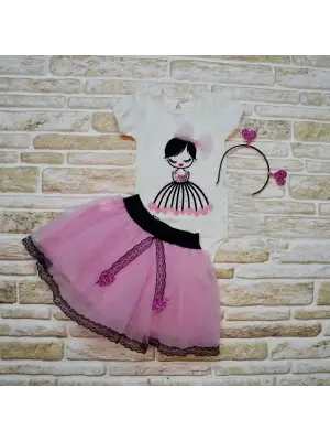 Omarı Nakışlı Taçlı Tütü Etekli Kız Bebek Takımı - Lila