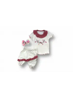 Omarı Nar Çiçeği Roman Şalvar Kısa Kollu 3lü Bebek Kız Takımı