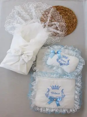 Omarı Nil Taç Nakışlı Yenidoğan 3lü Alt Açma Seti - Mavi