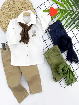 Omarı Pamuk Keten Erkek Bebek Takımı 3lü Gömlek Pantolon Fularlı