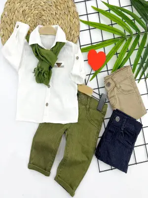 Omarı Pamuk Keten Erkek Bebek Takımı Yeşil