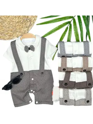 Omarı Papyon Detaylı Kare Baskılı Bebek Tulumu