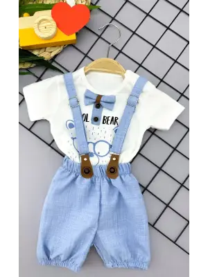 Omarı Papyon Detaylı Keten Şort Salopet Erkek Bebek Takımı