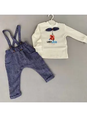Omarı Papyonlu Erkek Bebek Sweat Kot Salopet Takımı - 9-12-18 Ay