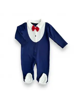 Omarı Papyonlu Lacivert Bebek Tulumu 3-6 Ay İçin