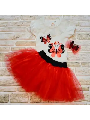 Omarı Parlak Kelebek Nakışlı Taçlı Kırmızı Bebek Takımı