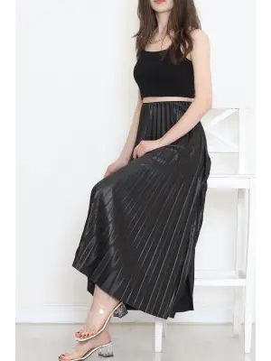 Omarı Parlak Krep Siyah Pileli Etek