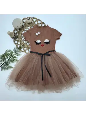 Omarı Parlak Payet Detaylı Kız Çocuk Elbisesi Kahverengi