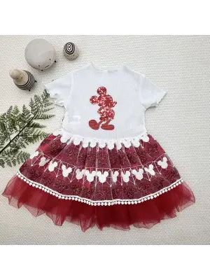 Omarı Parlak Payet Detaylı Mickey Desenli Bebek Elbisesi Kırmızı