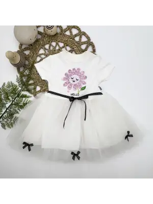 Omarı Payet Yapraklı Çiçek Nakışlı Kız Bebek Tütü Elbisesi Beyaz