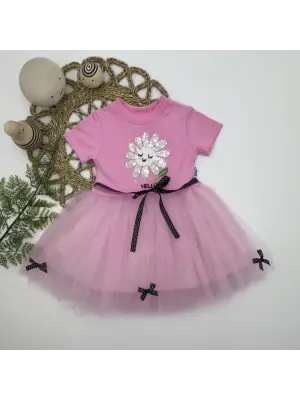 Omarı Payet Yapraklı Çiçek Nakışlı Tütü Elbisesi Pembe