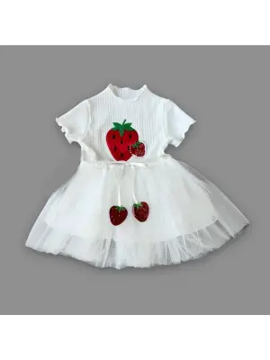 Omarı Payetli Çilek Desenli Kız Bebek Elbisesi Beyaz