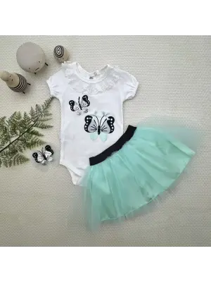 Omarı Payetli Kelebek Nakışlı Tütü Etekli Kız Bebek Takımı