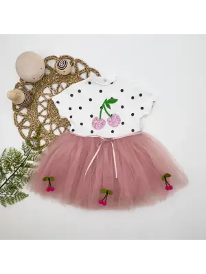 Omarı Payetli Kiraz Nakışlı Bebek Tütü Elbisesi