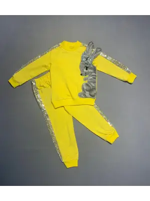 Omarı Payetli Tavşan Desenli Kız Çocuk 2li Takım Sarı