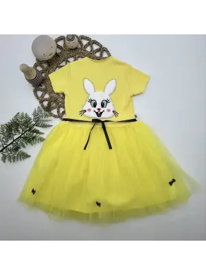 Omarı Payetli Tavşan Desenli Sarı Kız Çocuk Elbisesi
