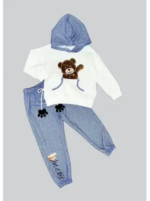 Omarı Pelüş Ayı Desenli Kapşonlu Çocuk Sweat Takımı Ekru