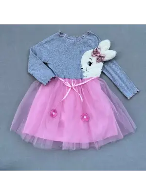 Omarı Pelüş Tavşan Desenli Pembe Tütü Elbise