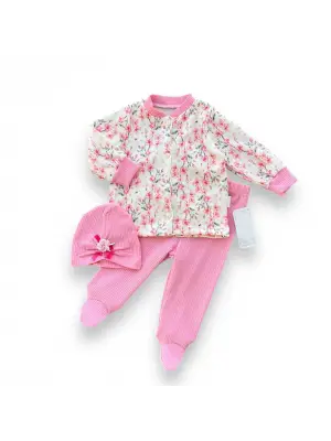 Omarı Pembe Çiçek Desenli Kız Bebek Patikli 3lü Takım