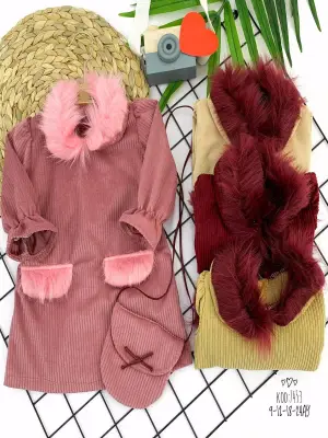 Omarı Pembe Kadife Uzun Kollu 2li Kız Bebek Elbisesi