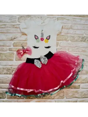 Omarı Ponilerle Dolu 9-12-18 Ay Kısa Kollu Tütü Bebek Takımı Fuşya