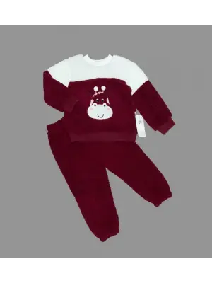 Omarı Ponponlu Zürafa Desenli Kuzu Kumaş Çocuk Takımı