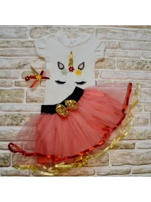 Omarı Pony Nakışlı Payetli Kısa Kollu Tütü Etek 3lü Bebek Takımı