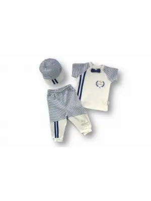 Omarı Prens Nakışlı Sweatli 3lü Erkek Bebek Takımı - Ekru