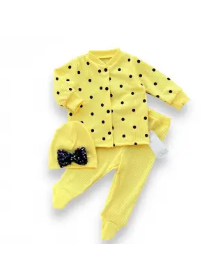 Omarı Puan Desenli Şapka ve Patikli Bebek Takımı Sarı