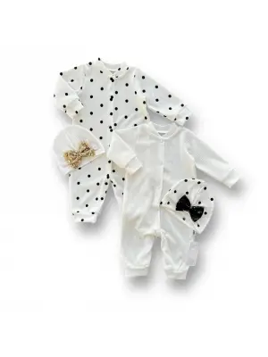 Omarı Puantiyeli Payet Detaylı Bebek Tulum Kombini Beyaz
