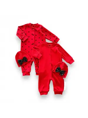 Omarı Puantiyeli Payetli Kız Bebek Tulumları Kırmızı 2 Li Kombin
