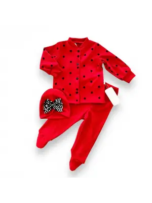 Omarı Puantiyeli Şapkalı Kız Bebek Takımı