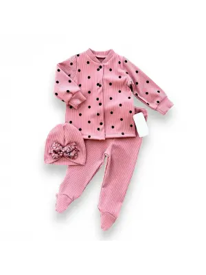 Omarı Puantiyeli Şapkalı Kız Bebek Takımı Gül Kurusu
