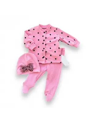 Omarı Puantiyeli Şirin Kız Bebek Takımı Pembe